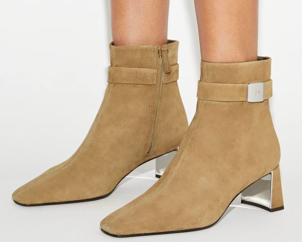 Tory Burch Georgia Heeled Ankle Boot Suede River Rock 8 NWT Quiet Luxury Chic